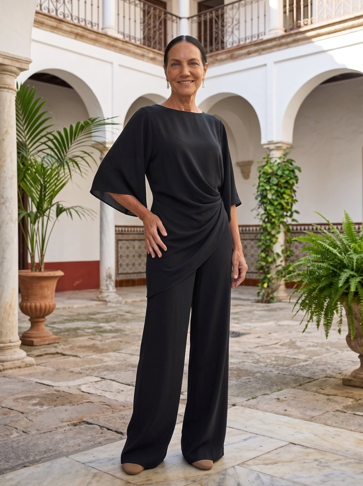 Matilde | Conjunto de dos piezas con blusa de manga capa y pantalón ancho