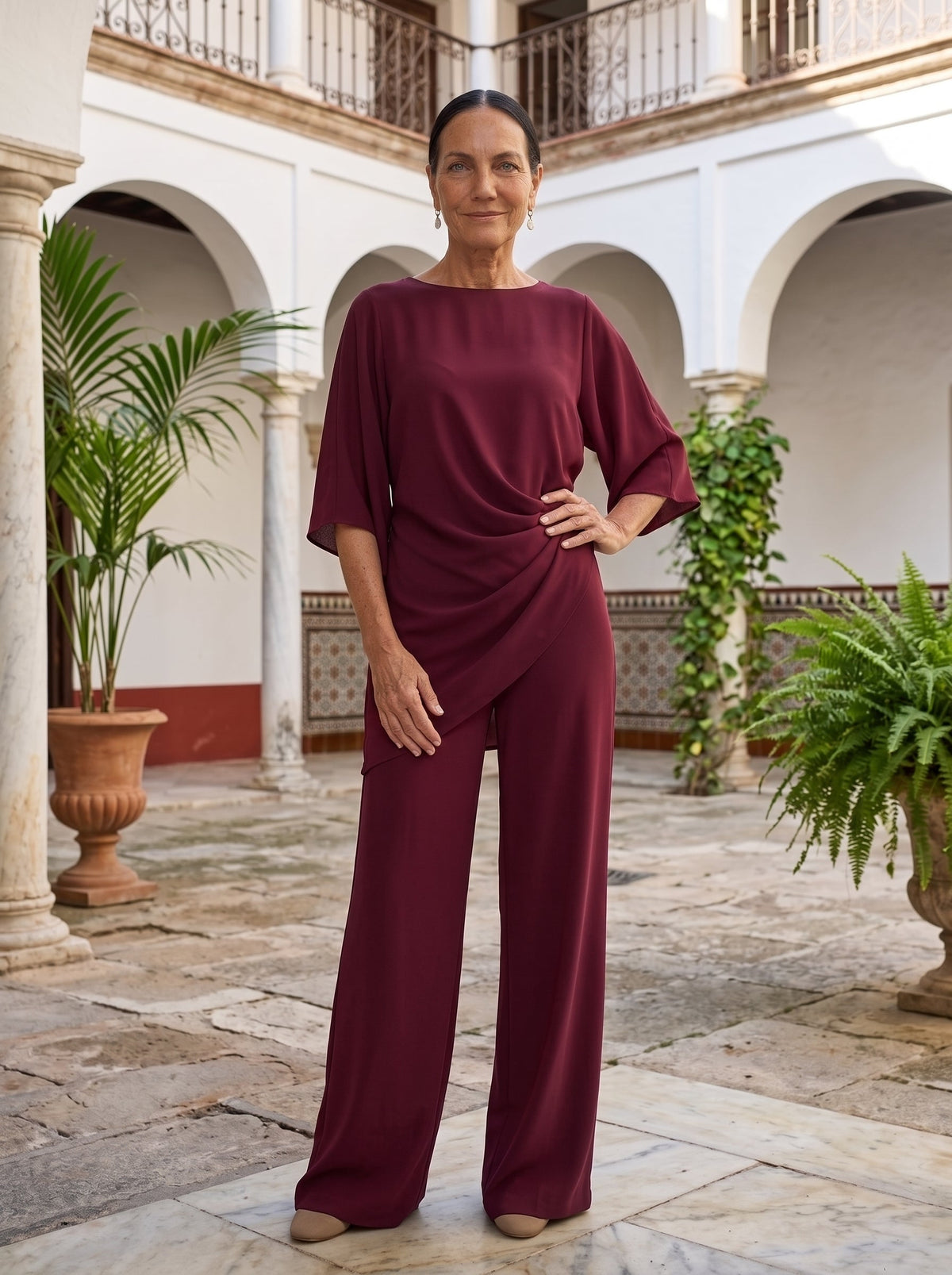 Matilde | Conjunto de dos piezas con blusa de manga capa y pantalón ancho