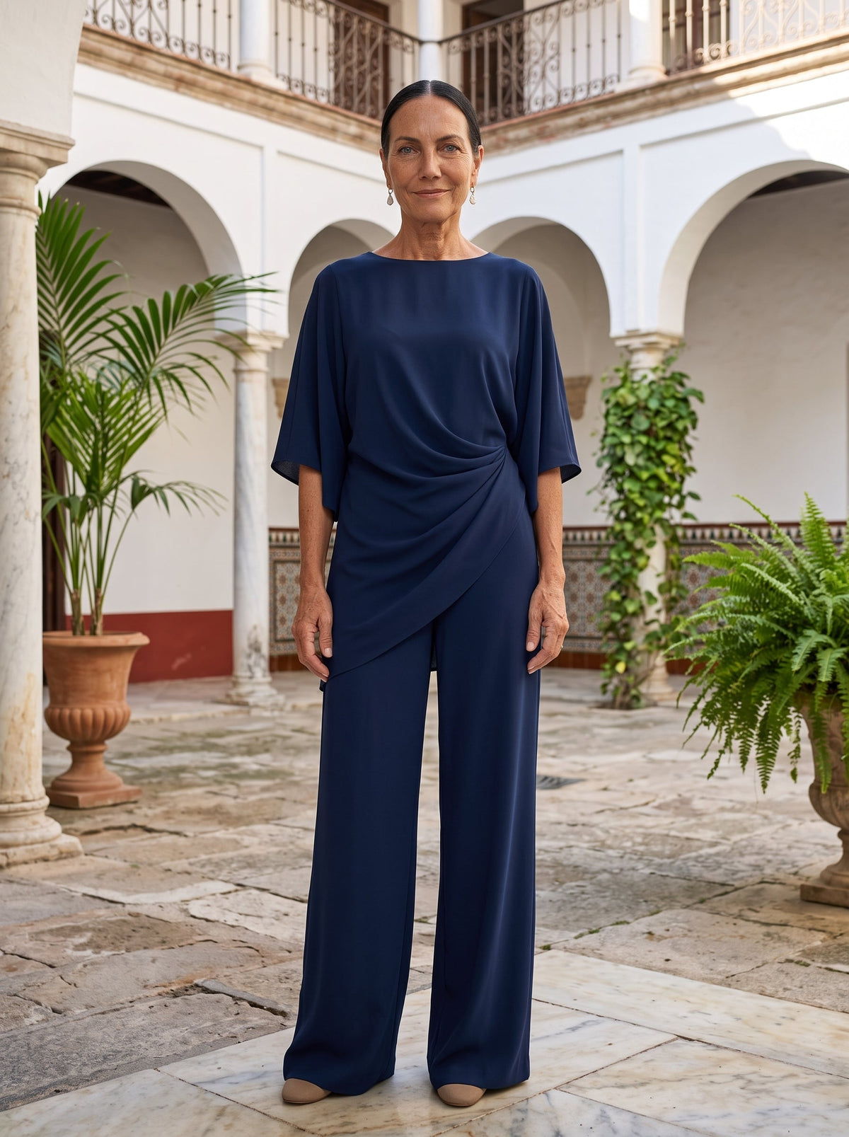 Matilde | Conjunto de dos piezas con blusa de manga capa y pantalón ancho