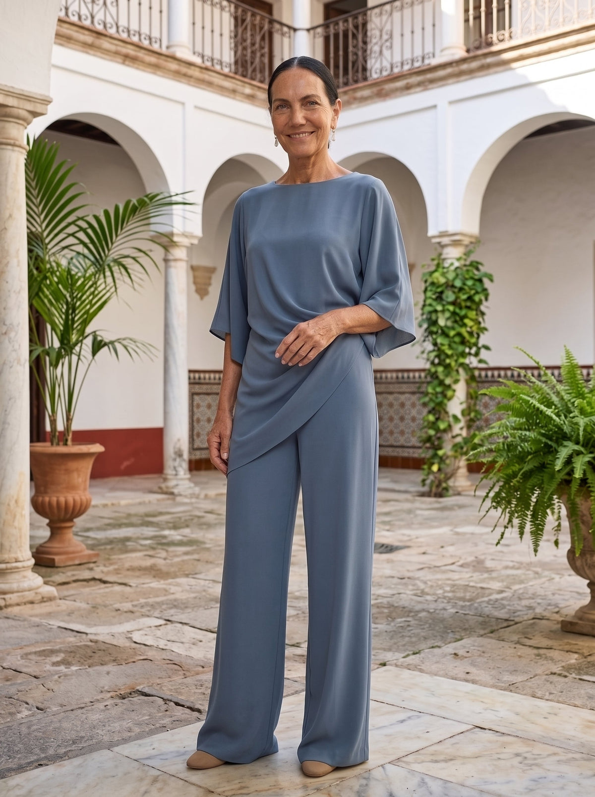 Matilde | Conjunto de dos piezas con blusa de manga capa y pantalón ancho