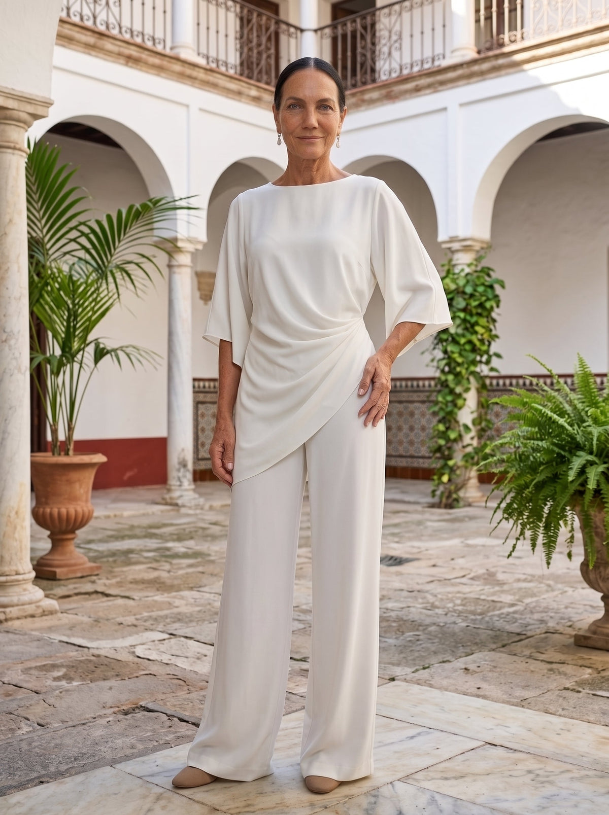 Matilde | Conjunto de dos piezas con blusa de manga capa y pantalón ancho